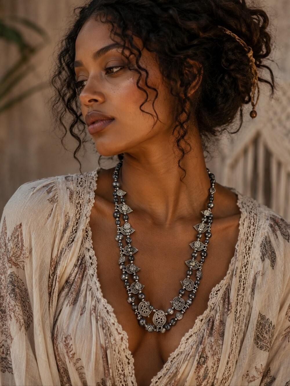 Silver Leaf Charm and Wood Handcrafted Double Strand Necklace from India
